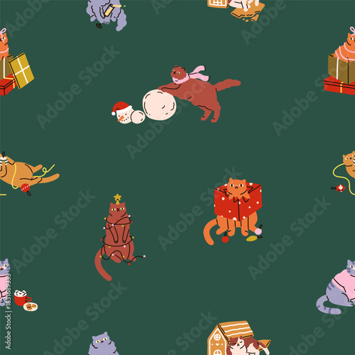 Seamless Christmas pattern, print with funny cute cats. Naughty kitties, feli...