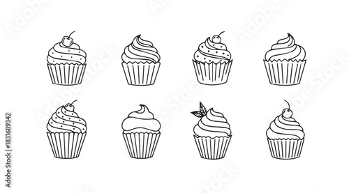 Collection of eight hand drawn cupcake illustrations in a simple line art silhouette style
