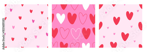 Heart patterns set for Valentine day. Seamless endless backgrounds, repeating prints, textures with cute romantic love in doodle style. Flat vector illustration for wrapping, textile, fabric design