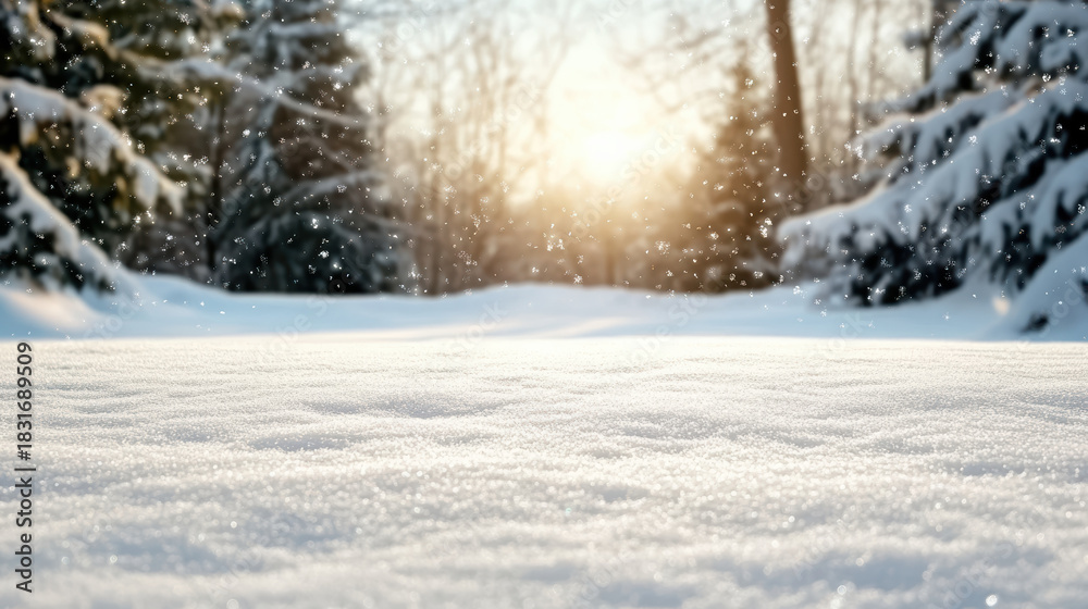 Fototapeta premium Snow field sunlight forest bokeh sparkle cozy winter morning glow