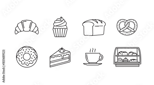 Collection of delicious baked goods and pastry icons in a simple outline silhouette
