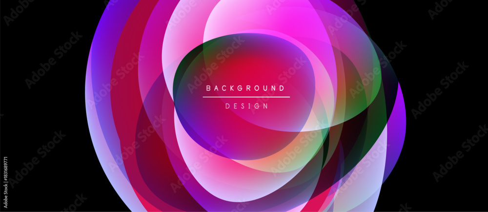 Fototapeta premium Abstract colorful layers create dynamic oval shape. Pink, purple, green hues blend, forming modern background design.