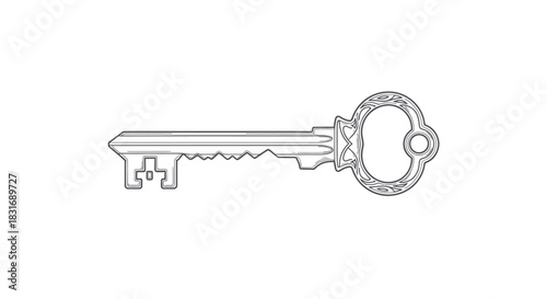 Intricate Vintage Key Outline with Ornamental Circular Handle for Classic Design Use