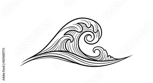Minimalist Line Art Depiction of a Dynamic Ocean Wave in Elegant Monochrome Style