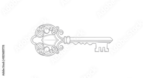 Ornate antique gold key design with intricate scrollwork and classic silhouette perfect for