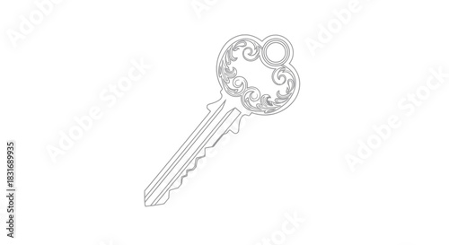 Intricate line drawing of a vintage key with ornate circular bow design