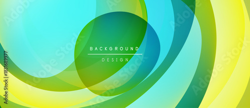 Abstract background features vibrant overlapping circles. Colors blend from yellow, green, turquoise creating dynamic visual effect. Design suggests movement, energy.