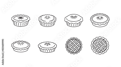 Collection of eight assorted baked dessert pies and tarts in a simple line drawing silhouette
