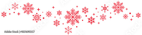 red snowflake border with sparkling stars on white background, elegant winter decorative divider perfect for Christmas greeting cards, New Year banners, invitations.