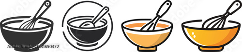 Mixing bowl with spoon illustrated in minimalist bold outline capturing clean friendly essential culinary preparation icon