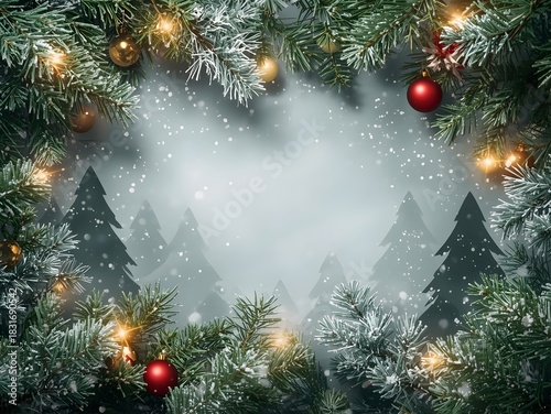Photoreal Holiday Banner with Frosty Pine Branches, Glossy Christmas Baubles, Snow Glow Effects, HDR 8K Winter Background