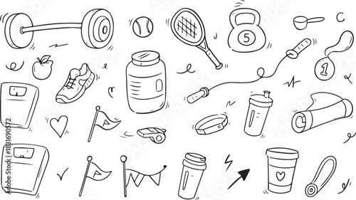 Sport gym sketch health icon set. Hand drawn sketch doodle healthy sport, gym fit exercise equipment icon.Doodle hand drawn tennis ball, bottle, dumbbell fit equipment black and white line art