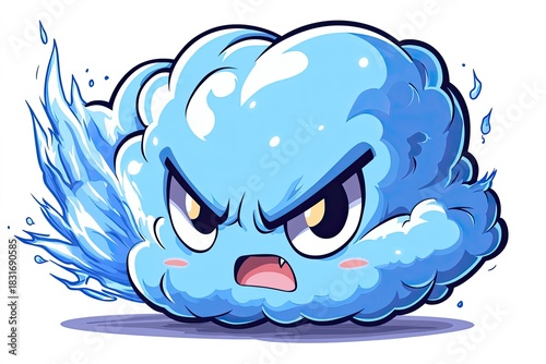 Angry cloud cartoon character with water jet