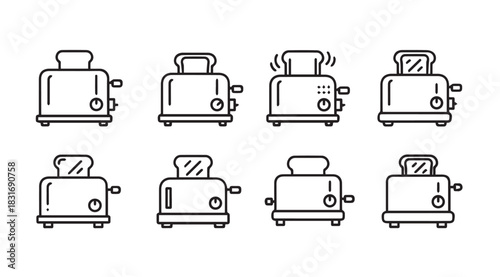 Collection of eight simple toaster illustrations in a clean silhouette style