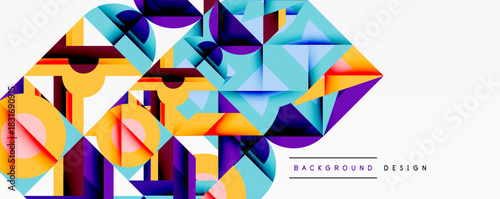 Abstract geometric shapes, vibrant colors, modern design. Overlapping layers create dynamic visual texture. Background element for projects.