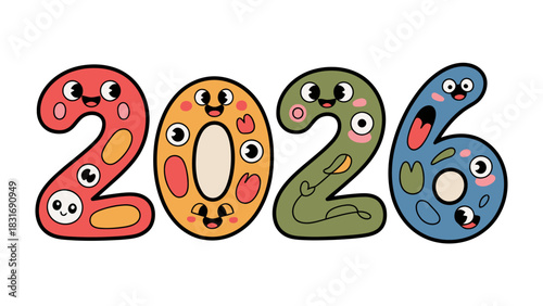 2026: The New Year's Promise: A whimsical illustration of the year 2026, where each digit is brought to life with friendly faces and playful expressions, offering a peek into the upcoming year. 