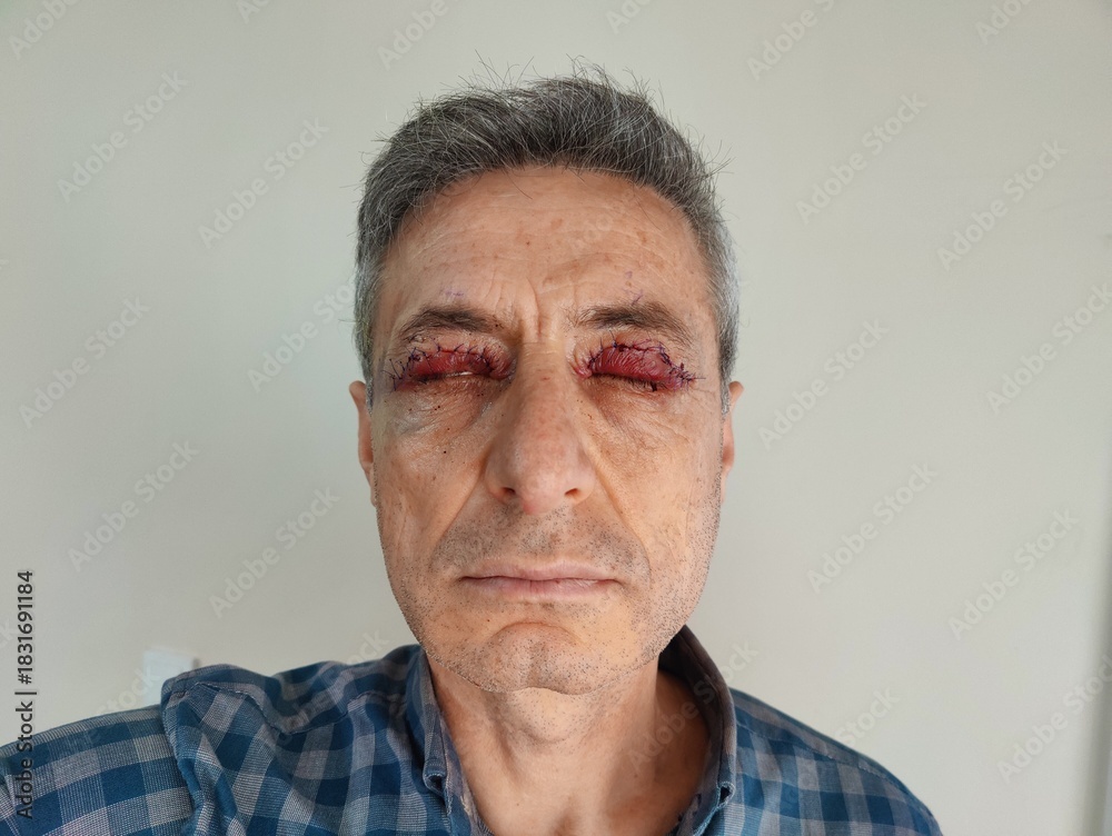 Obraz premium Close-up of a male patient's face with closed eyes showing visible sutures after upper eyelid blepharoplasty and Muller muscle resection surgery during the early post-operative recovery phase.