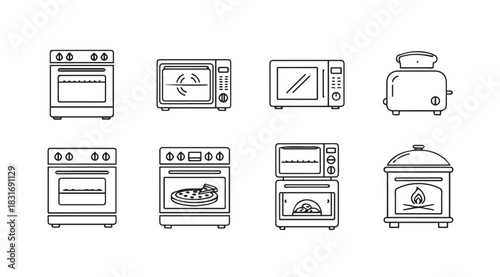 Collection of kitchen appliance silhouettes including ovens microwaves and toaster silhouette