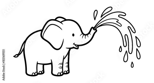 Cute elephant playing with water in black and white line art