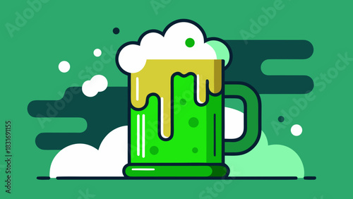 Green beer mug with foam on a vibrant background, symbolizing festive St. Patrick's Day celebration