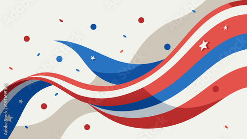 Patriotic abstract background with red, white, and blue ribbon waves and confetti celebrating President’s Day