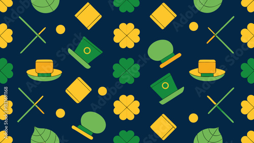 Seamless St. Patrick's Day pattern with green hats, clovers, gold coins, and festive symbols on dark background