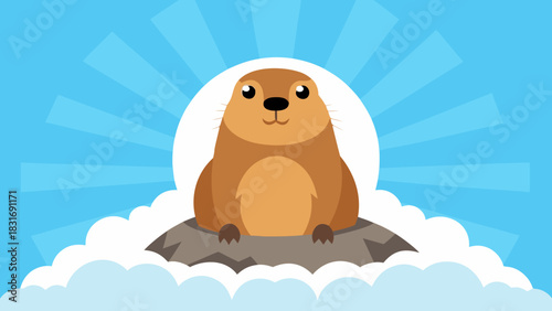 Cute groundhog emerging from hole with clouds and sun rays, symbolizing the Groundhog Day weather prediction