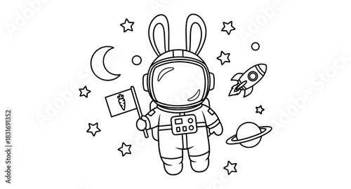 Space bunny astronaut adventure: cute lunar exploration with rocket and stars