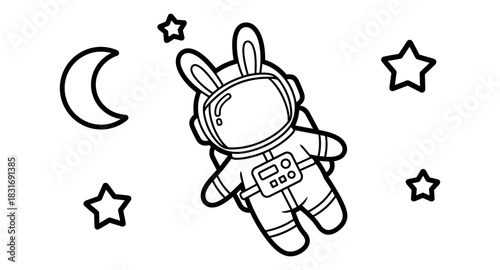 Cute astronaut bunny floating in space with moon and stars in minimalist black and white design