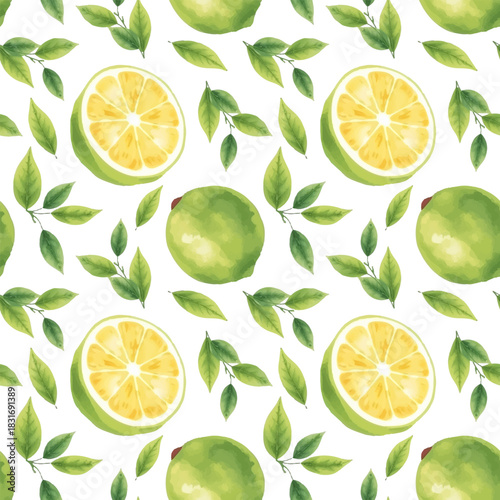 Watercolor pattern of lemons and limes, sour, fresh, bright yellow and green colors, hand-painted style, seamless fruit pattern, delicate watercolor textures, soft shadows, bright and juicy compositio