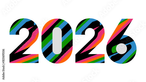 Year 2026 Typography: A dynamic display of the number 2026, crafted with a vibrant palette of colors and artistic strokes, stands out with modern design