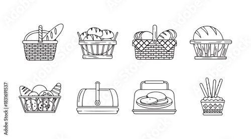 Collection of eight different picnic basket and food silhouette illustrations