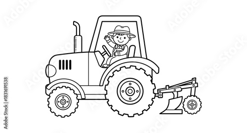 Cartoon farmer on tractor: black and white farm vehicle line art for kids