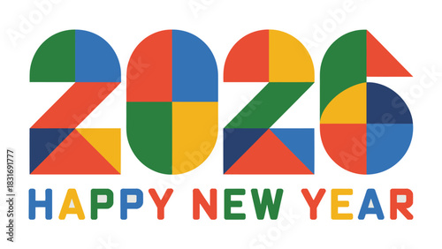 Colorful 2026 New Year Greeting: Celebrate the fresh start of a new year with a vibrant and playful graphic featuring the year 2026, accompanied by the joyful message Happy New Year.