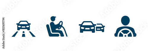 Icons representing driver assistance systems and autonomous driving technology in vehicles.
