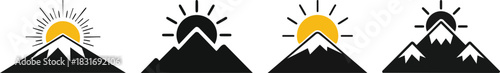 Sun rising behind mountain peak shown in simple black and white minimal landscape themed graphic artwork
