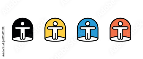 Four colorful icons depict a stylized human figure standing inside a dome shape, representing different options or categories.