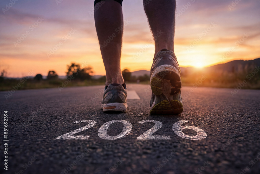 Fototapeta premium Runner stepping forward on an open road at sunrise with 2026 painted on asphalt, fitness motivation and new year goal setting for training, progress and personal growth