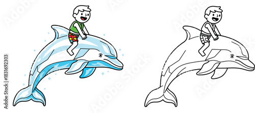 Cartoon happy boy riding a jumping dolphin with black and white coloring page outline vector illustration