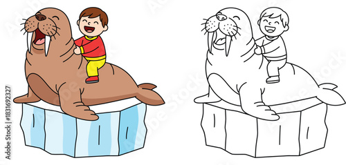 Cartoon happy boy riding a cute walrus on an ice block with black and white coloring page outline vector illustration