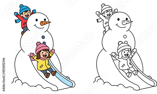 Happy kids playing on giant snowman slide vector illustration Children having fun in winter Coloring page outline and colored version isolated on white background.