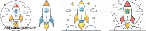 Startup rocket rising upward captured in simple bold outlines representing launch innovation and forward direction