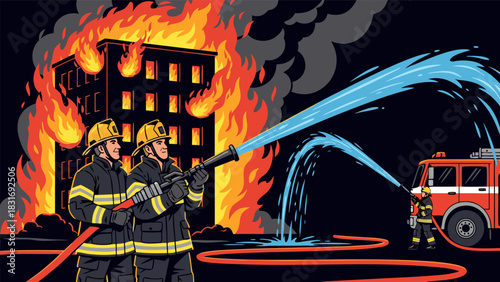 Firefighters bravely battle a raging inferno, dousing flames engulfing a multi-story building with powerful water streams from hoses and a fire truck