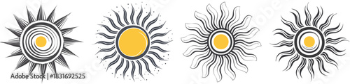 Stylized sun with wavy rays crafted in monochrome linear artwork expressing warmth brightness and abstract energy