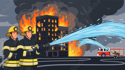 Brave firefighters actively combating a massive city building fire, deploying water hoses to extinguish the dangerous inferno and protect urban areas