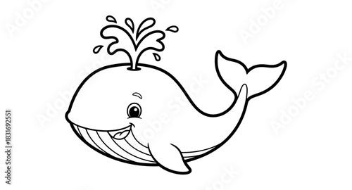 Cartoon whale with water spout outline for kids' coloring book pages