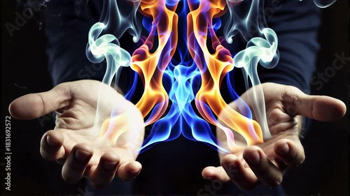 Male hands holding glowing magical fire and colored smoke, fantasy energy, dark background.