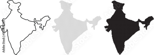 Collection of three different style outline and silhouette map representations of the country india