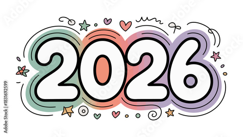 Vision of the Future: The year 2026 is stylized with a cheerful design, representing future ambitions and hopes for a new year, in a bright display of creativity and vision.