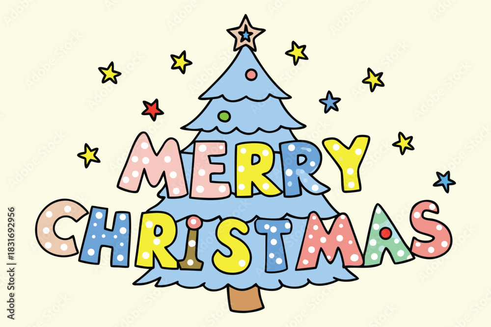 Naklejka premium Playful Polka-Dot Merry Christmas Typography Over Light Blue Tree, Surrounded by Multi-Color Stars, Vector Illustration for Greeting Card